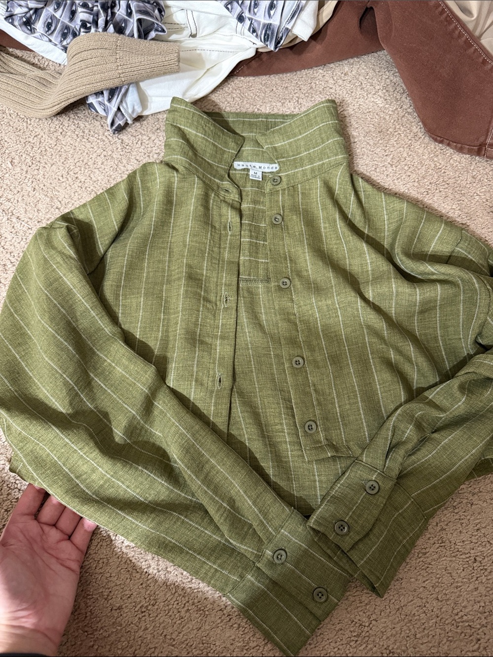 Light Olive Green Striped Button-Front Crop Top